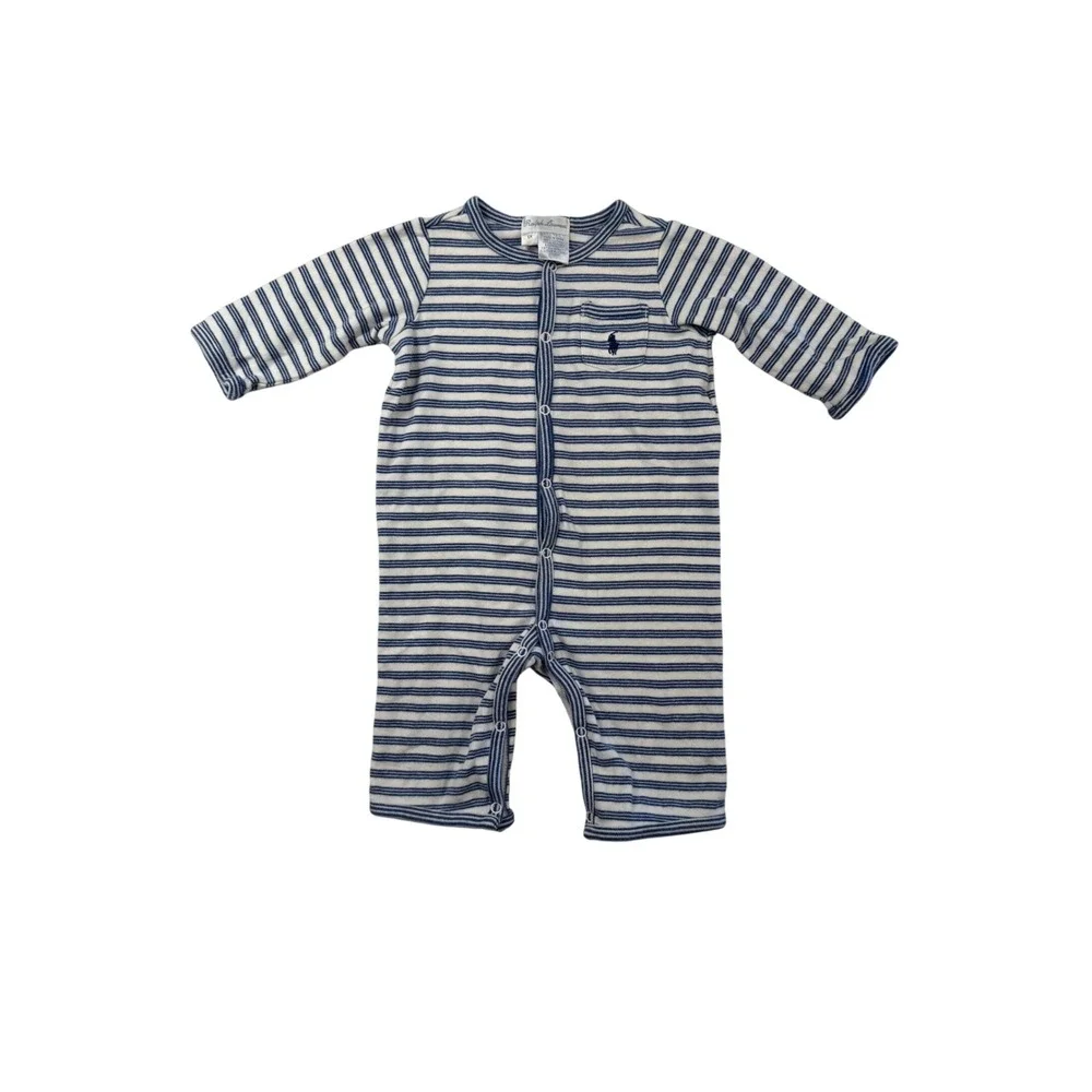 Ralph Lauren Baby Boys Blue White Striped Long Sleeve Cotton Romper 6M